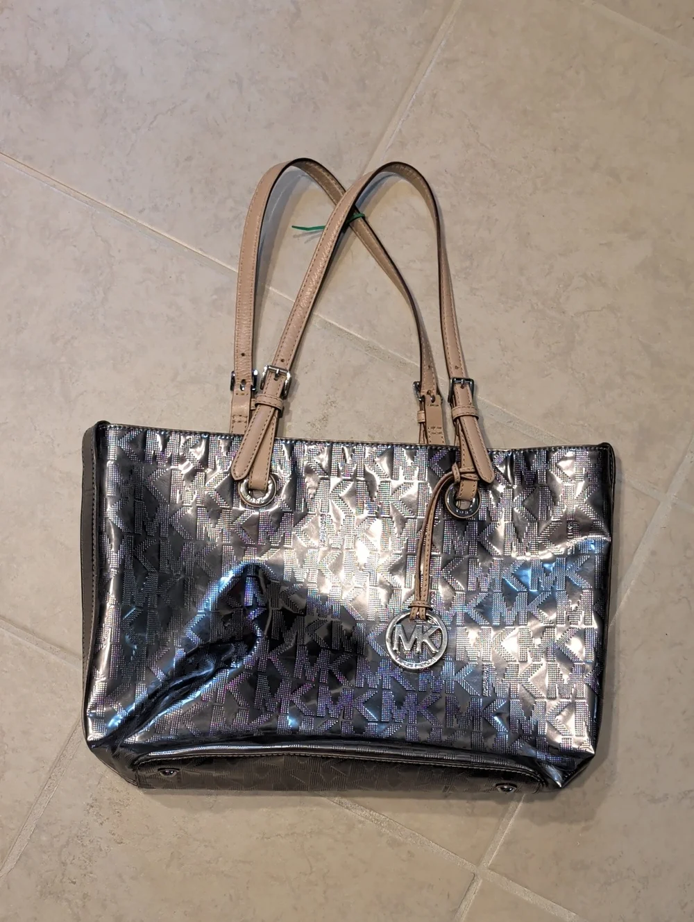 Michael Kors Jet Tote Logo Metallic Silver Tote